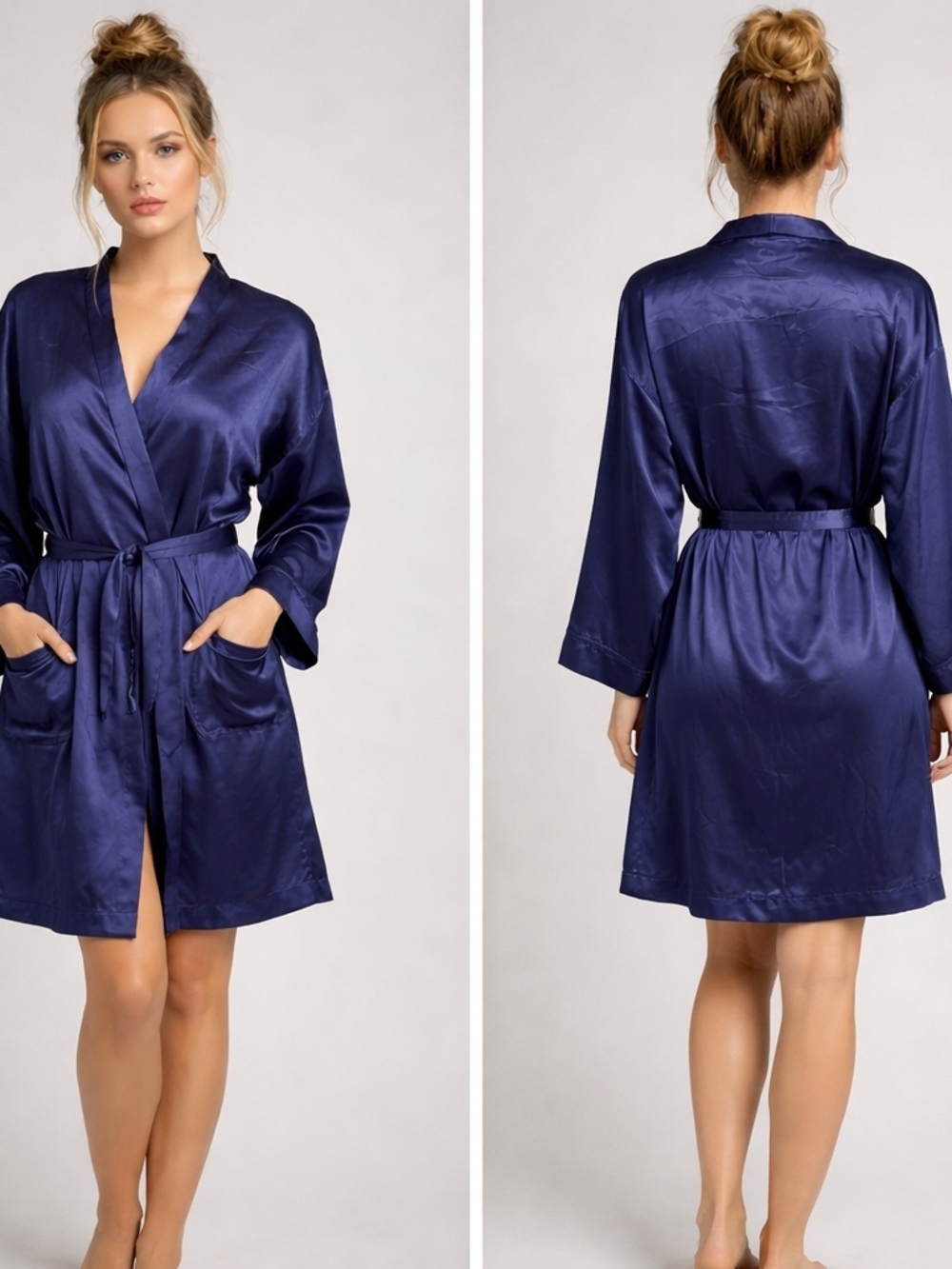 Satin Kimono Lg pockets attached belt Navy blue Collared Vee Open Knee Length